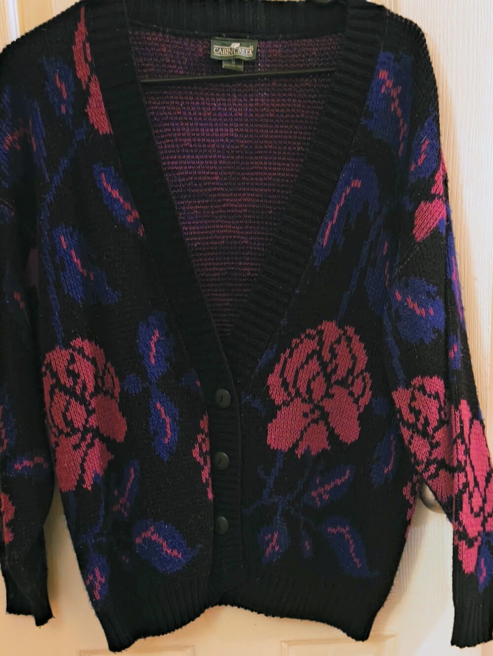 Cabin Creek Black Cardigan with Pink and Blue Floral Jacquard
